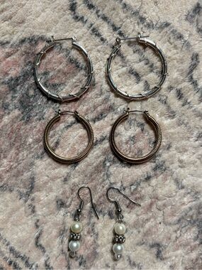 Mixed Metal Hoop and Pearl Drop Earring Set - Silver and Gold